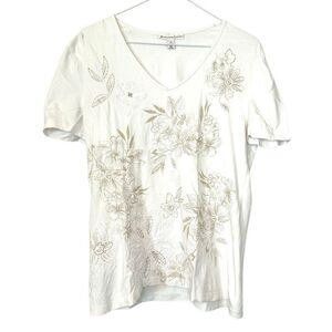 M Collection Floral V-Neck Short Sleeve T-Shirt White Green Size Petite Medium